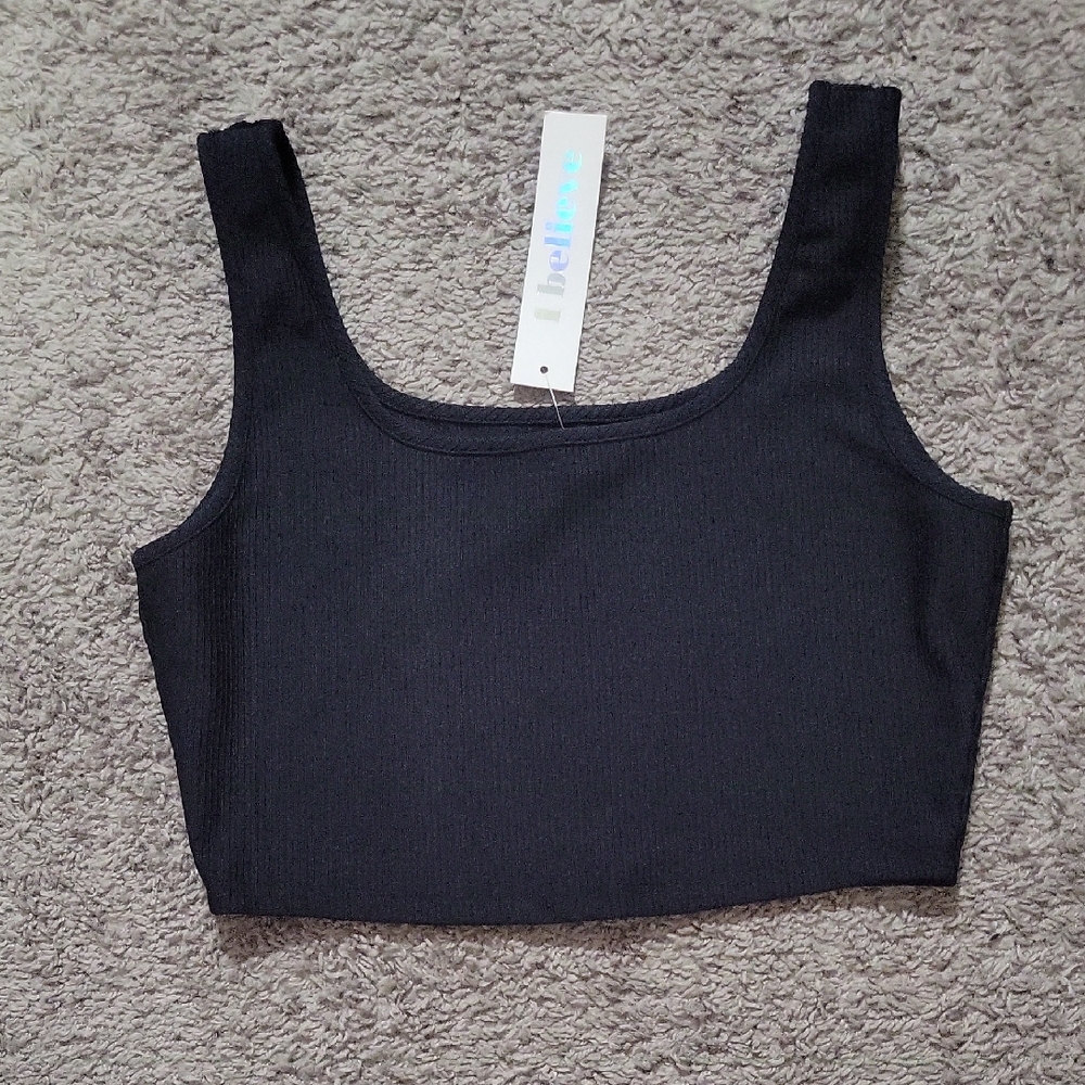Black Ribbed Square-Neck Crop Tank Top